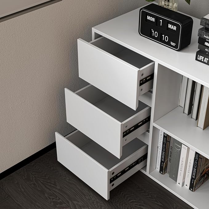 Mekminop L Shape Computer Desk with 3 Drawers and 2 Shelves, Home Office Desk Corner Small Desk with Storage Cabinet for Writing Study Executive – White