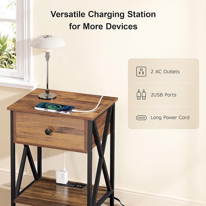 VECELO Nightstand, Bedside End Tables with Charging Station, USB Ports, Drawer Shelf, Night Stand for Bedroom Living Room 1-Pack, Brown