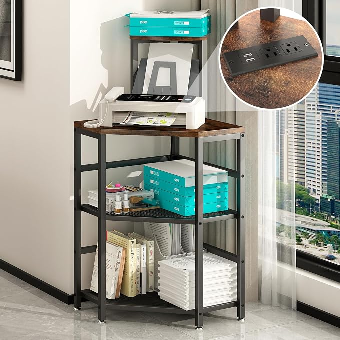 METYERRY 4-Tier Corner Printer Stand, Printer Table with Built-in Power Outlet and LED Lights, Multipurpose Corner Table with Grid Storage Shelf for Home and Office,Rustic Brown