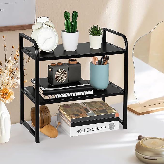 Desktop Shelf Organizer 2-Tier Office Desk Shelf for Top of Desk Wood & Metal Bookshelf Supplies Storage Rack (Black)
