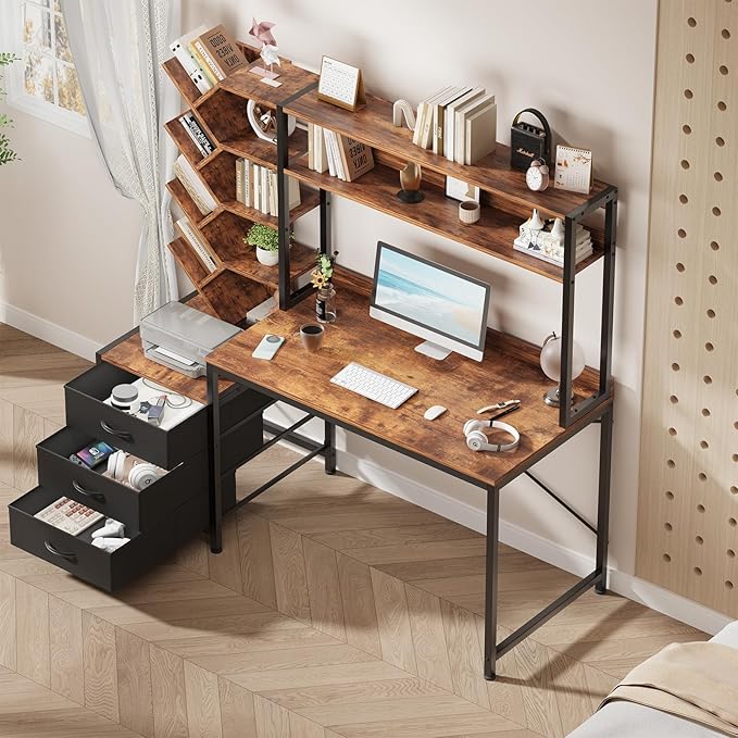 YOMILUVE Reversible Computer Desk with Hutch, Home Office Desk with Drawers and Bookshelf, 52'' Study Writing Desk with Storage Shelves for Bedroom Home Office, Rustic Brown