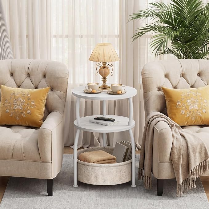 Round Side Table with Fabric Basket, Small Space Saving End Table 3-Tier Bedside Corner Table for Living Room, Bedroom, Garde Rustic Matte White 15.75in