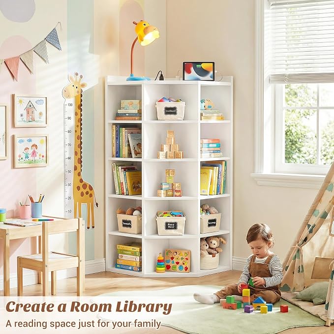 Aheaplus 6-Tier Corner Cube Bookshelf with Power Outlets, Wooden Corner Storage Cabinet with 15 Cubes, Corner Cube Organizer Shelf with Top Table, L Shaped Cubby Bookcase for Home Office, White