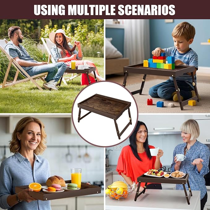 Bamboo Breakfast Tray with Telescopic Legs Tray with Foldable Legs and Removable Stand | Ergonomic Handle | Portable Bed Tray for Dining, Working, Laptop, Tablet and Phone，Vintage Walnut