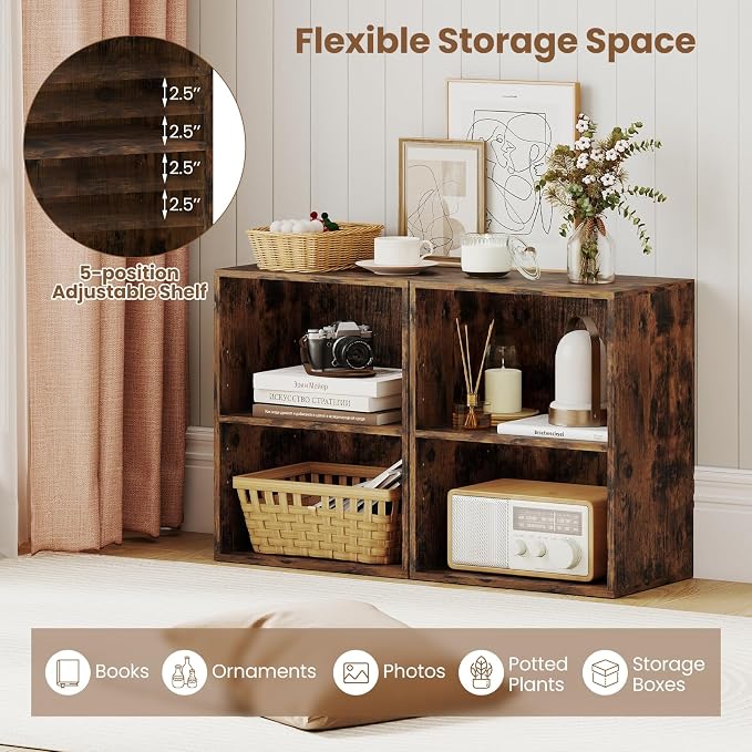2 Cube Storage Organizer, 21" Small Bookcase with 5-Position Adjustable Panel, Under Desk Bookshelf, Modern Display Shelf, Wooden Cube Shelf for Home Office Bedroom (Brown)
