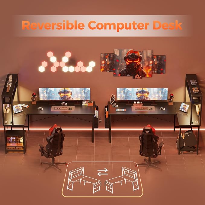 Mericonia 51 inch Large L Shaped Desk with Pegboard Hutch & Shelves, Corner Gaming Desk with Power Outlet, LED Light & Storage Bag, Reversible Computer Desk for Home, Bedroom, Office Workspace, Black