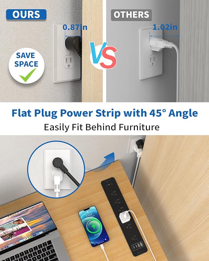 Recessed Power Strip, Flush Mount Power Strip with USB Ports, PD 20W USB C Fast Charging, 6 FT Extension Cord Surge Protector with1800J, Furniture Hidden Outlet for Side Table, End Table