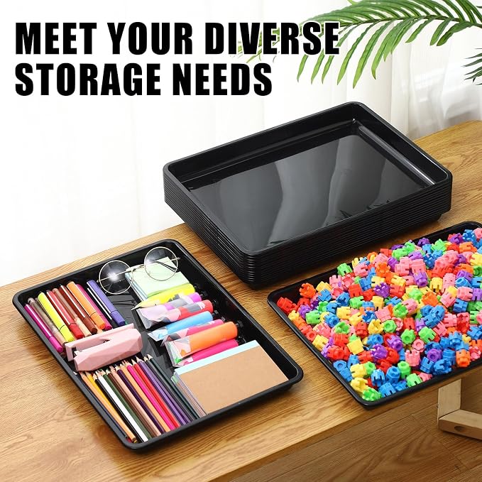 Hoteam 10 Pcs Flat Storage Organizer Tray Bin Paper Tray for Classroom Plastic Stackable File Organizer for School Office Teacher Book Organization(Black,16.14 x 11.81 x 1.38 Inch)