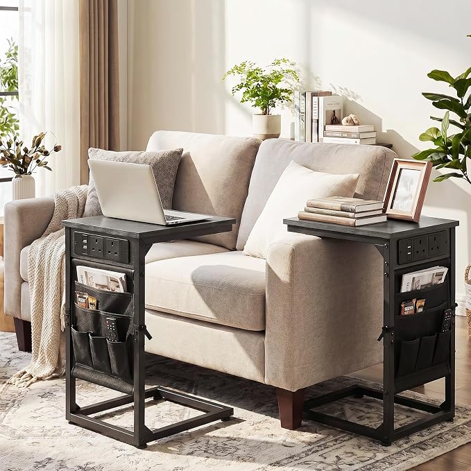 AMHANCIBLE C Shaped End Table with Charging Station, Couch Side Tables that Slide Under Sofa with Storage Bag, Slim TV Tray with USB Ports for Living Room, Bedroom, Dark Grey HET04CDG