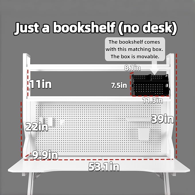 Desktop Hutch Bookshelf,Many Gifts,Metal Desktop Bookcase with pegboard, Desk Shelf White, Countertop Storage Organizer Rack for Dorm or Office,Desktop Shelves(White, 53.1" Lx9.9 Wx39 H)