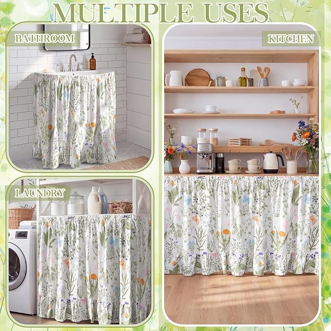 VitalCozy Cabinet Curtain 28" W x 51" L Sink Skirt for Bathroom Kitchen Wildflower Botanical Ruffles Spring Short Curtain for Home Classroom Farmhouse Drape Under Desk Privacy Drape for Laundry Room