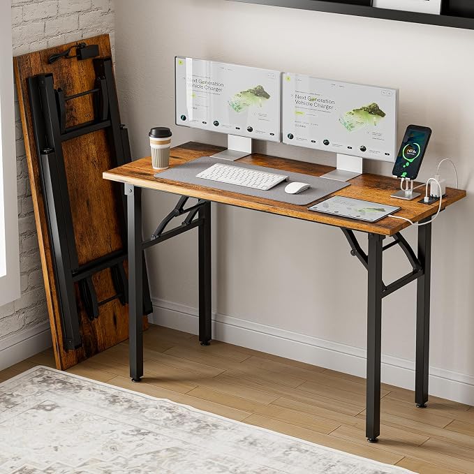 Frylr Small Folding Computer Desk – 43.3 Inch Portable Table for Craft and Study, Lightweight Desk for Small Spaces, Foldable Laptop Table Built-in AC/USB Outlets for Convenience, Rustic Brown