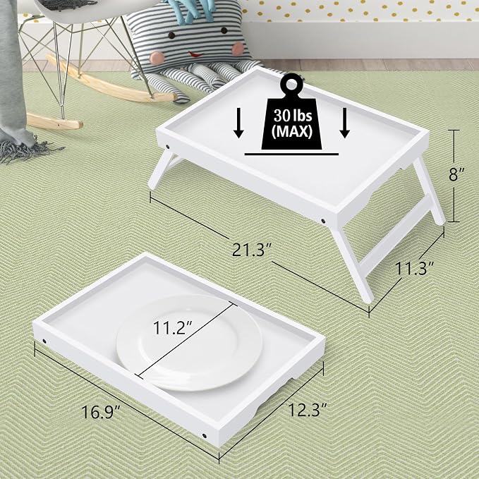 Artmeer Bed Tray Table with Folding Legs,Bamboo Breakfast in Bed for TV Table, Laptop Computer Tray,Eating,Snack Tray (White) Large Size