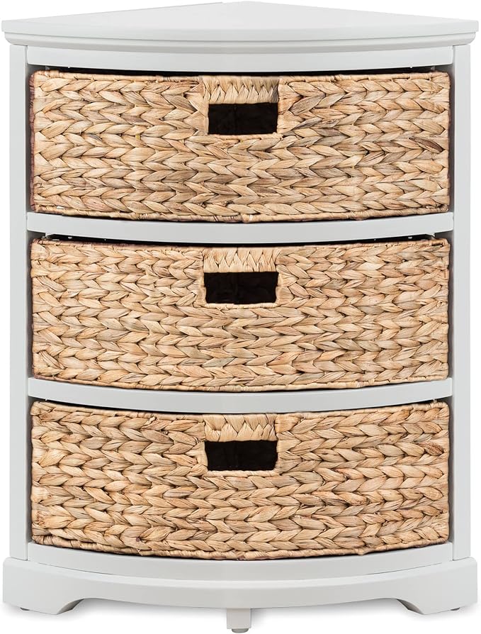 Hampton Meadows 3-Tier End Table with Storage Baskets, Narrow Side Table for Small Spaces, Farmhouse Nightstand and Corner Accent Table with 3 Water Hyacinth Woven Baskets, White, 14 x 14 x 25.5 Inch