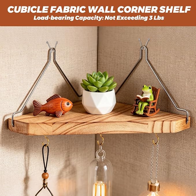 VZZNN 6 Pack Fabric Wall Cubicle Corner Shelf with Hooks - Wood Cubicle Wall Decor for Place in The Corner of The Room, Such As in The Bedroom, On The Desk, Or in a Hotel Room