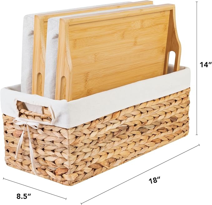 ROSSIE HOME Bamboo Wood Bed Tray, Lap Desk - Set of Two - with Hyacinth Storage Basket - Natural - Fits up to 15.6 Inch Laptops - Style No. 70107