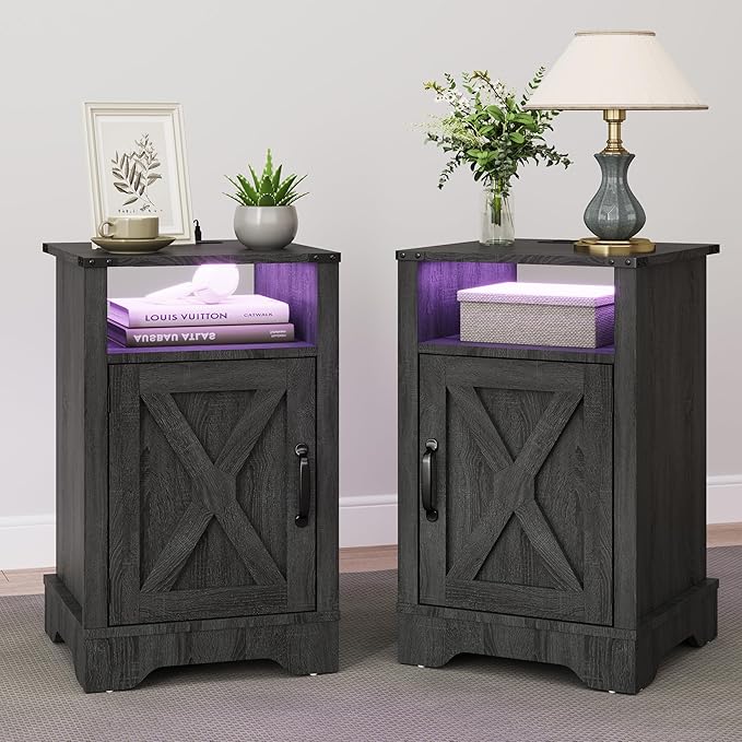 RoyalCraft 25" Tall Nightstand Set of 2, Farmhouse LED Nightstand with Charging Station, Wood End Table with Storage, Bedside Table for Bedroom, Dark Grey