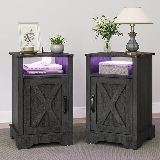 RoyalCraft 25" Tall Nightstand Set of 2, Farmhouse LED Nightstand with Charging Station, Wood End Table with Storage, Bedside Table for Bedroom, Dark Grey