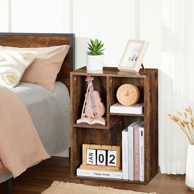 VECELO 15.7" Open Bookshelf, Waterproof Particle Board Asymmetrical Split Cubby Storage Organizer, Brown Uneven Compartment Display Cube for Tall Books, Bedroom Dorm Office