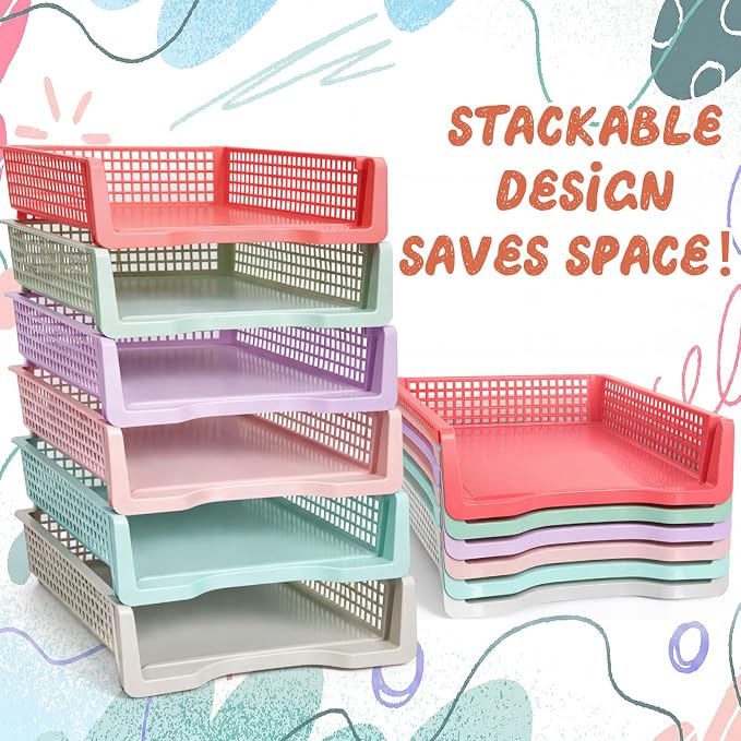 Tenceur 6 Pcs Turn in Trays Classroom, Stackable Tray for Classroom Plastic Storage Baskets Teacher Organizers for Library Drawers Office Desk (Trendy,Macaron Colors,13.3 x 9.5 x 2.7 Inches)