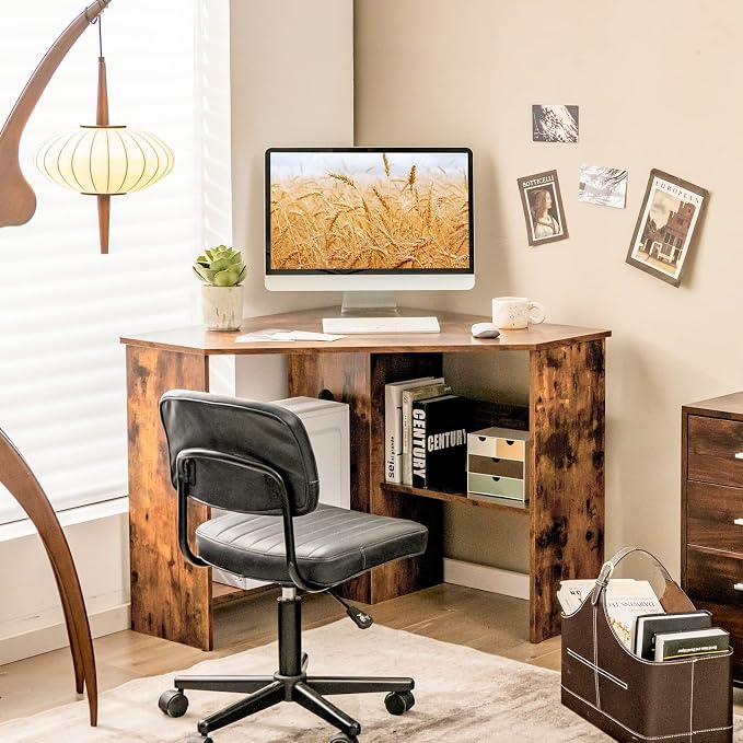 Small Corner Desk, Space-Saving Corner Workstation with Storage Shelves & CPU Stand, 90 Degree Triangle Makeup Vanity Desk, Wood Corner Computer Desk for Small Space (Rustic Brown)