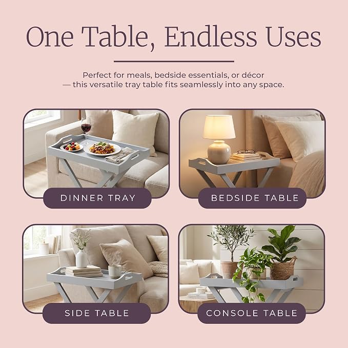 Lavish Home Folding TV Tray Table - Contemporary Side Table with Removable Tray Top for Food Serving, Meals, or Decor in Living Room, Bedroom, or Home Office (Gray)