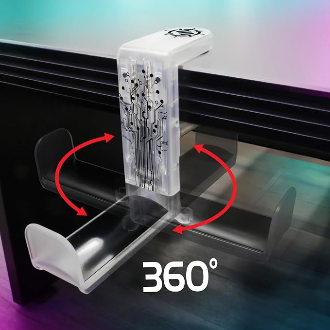 ENHANCE Voltaic 2 PC Gaming Headphone Holder - Desk Headphone Hanger Esports Headset Holder with Adjustable 360 Rotation, Under Desk Hook Clamp, Universal Fit - Built in Cable Clip Organizer - Clear