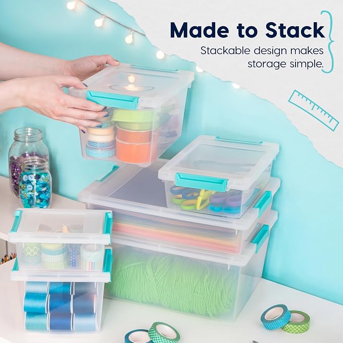IRIS USA 6 Qt. Craft Storage Bins with Lids, 4-Pack, |Made in USA|, Clip Box, Small Plastic Sensory Bin Tote Organizer Containers for Art Supplies, Paper, & Office, Stackable - Clear/Seafoam Blue