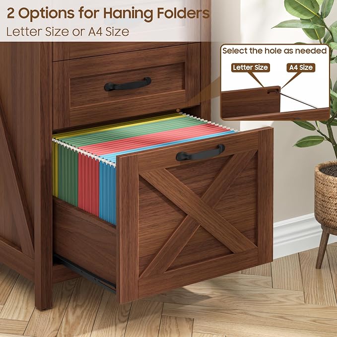 Halitaa 3 Drawer Small File Cabinet, Farmhouse Vertical Filing Cabinet Fits Letter and A4 Size, Under Desk Wooden File Cabinets for Home Office, Printer Stand, Walnut