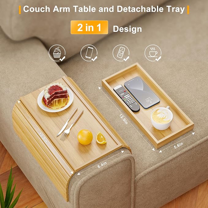 Bestjing Bamboo Sofa Armrest Tray Table for Couch - 2-in-1 Couch Arm Table with Be Slide Detachable Tray- Anti-Slip Foldable Sofa Armchair Caddy for Drinks Cellphone TV Remote Snacks (Bamboo)