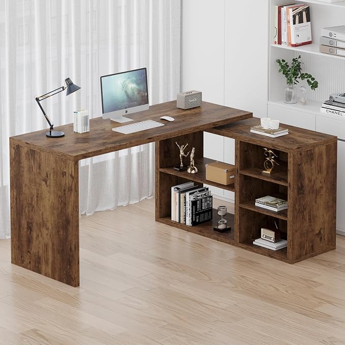 HSH Rustic L Desk with Storage Shelves, L Shaped Computer Desk with Open Storage Cabinet, Vintage Reversible Corner Home Office Desk for Living Room, Office, Rustic Brown 55 in