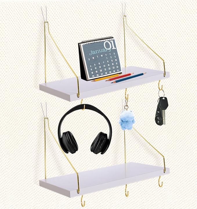 2-Pack Cubicle Shelf For Fabric Walls With Hooks：12x6.0in White Wooden Cubicle Shelf Hanging Organizer Gold Shelves Accessories Office Stylish Ations cubical Decorations For Women Desk work storage