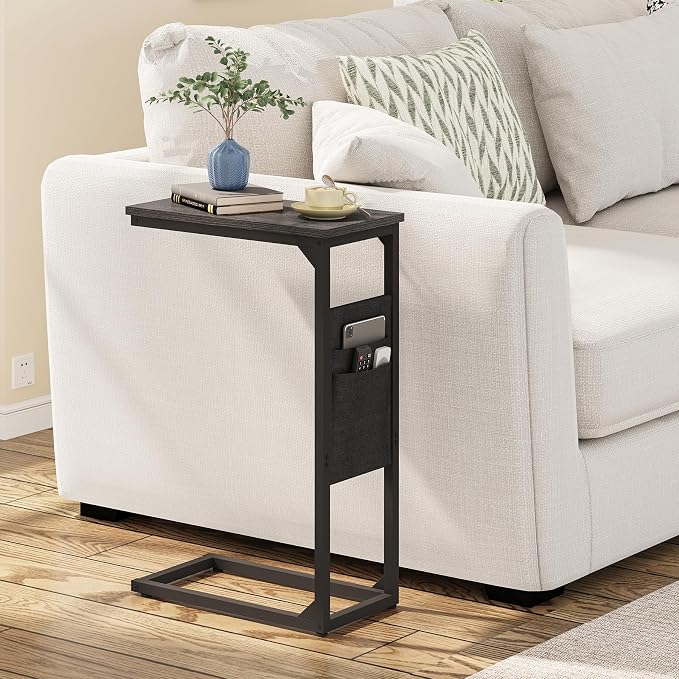 TUTOTAK C Shaped End Table, Side Table for Couch, Sofa Table with Storage Bag, TV Tray for Living Room, Bedroom, Black TB01BK082