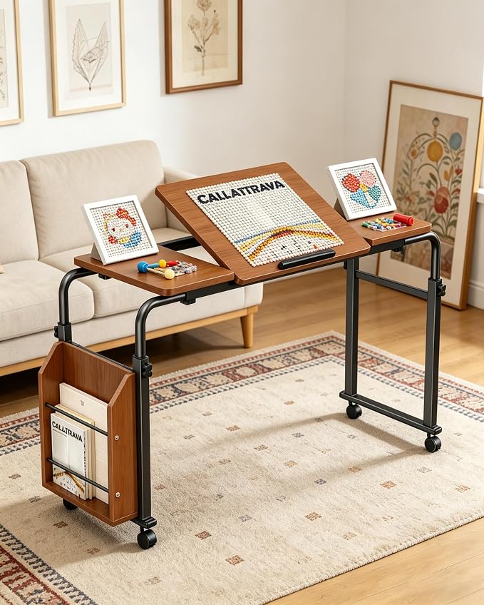 Laptop Desk for Bed,6-Angle Adjustable Overbed Table with Wheels,Adjustable Height and Length Bed Table for Laptop with Side Bookshelf,Standing Desk,Over Bed Desk for Working Hospital Home (Oaken)