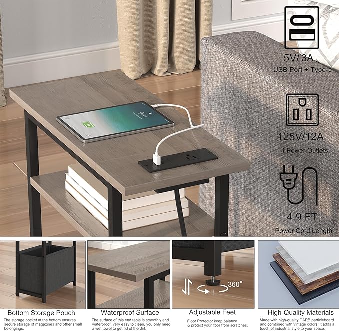 sthmec Narrow Side Table with Charging Station, Small End Table for Small Spaces, Skinny Nightstands with Storage Basket, 3 Tier Sofa Couch Bedside Tables for Living Room,Bedroom, Grey