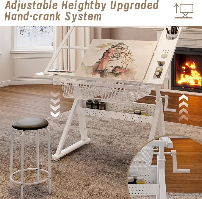 Hand Crank Adjustable Drafting Table with Tempered Glass Top, Height Adjustable Art Drawing Desk with Metal Drawers, Slide-Up Pencil Ledge & Stool, Drafting Desk for Home Studio Office