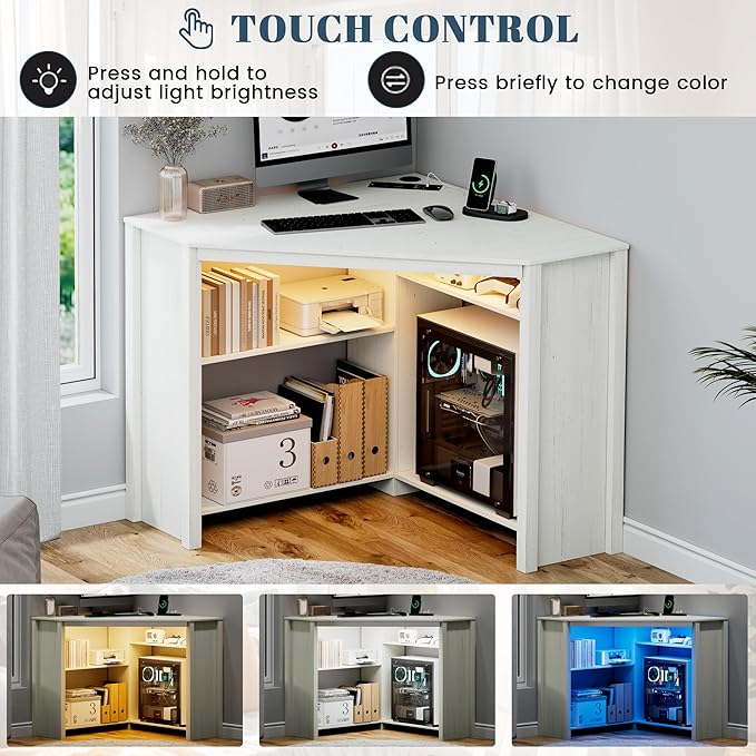 Corner Desk with Charging Station & LED Light, Triangle Computer Desk for Small Spaces with Storage Shelves & CPU Stand, Space Saving Writing & Makeup Vanity Desk -White