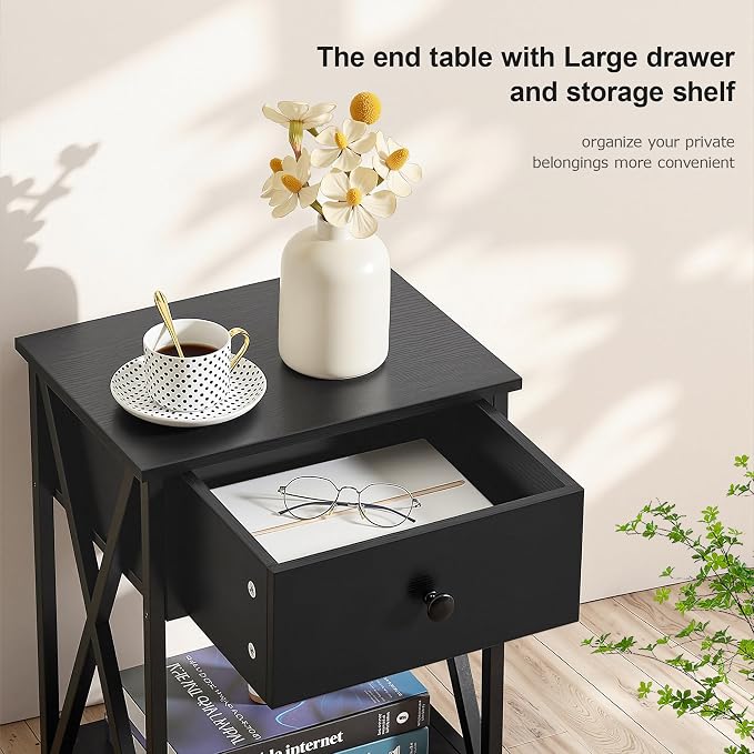 VECELO Night Stand with Drawer, 2 Tiers Storage Shelves End Table, Small Side Table for Small Spaces,Night Stand for Living Room, Bedroom, Black