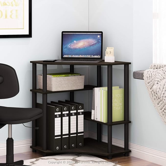 Furinno TURN-N-TUBE Desk, Gaming Desk with Shelves, Corner Computer Desk with Shelves, Office Desk, Space Saving, For Home Office, Bedroom, Espresso