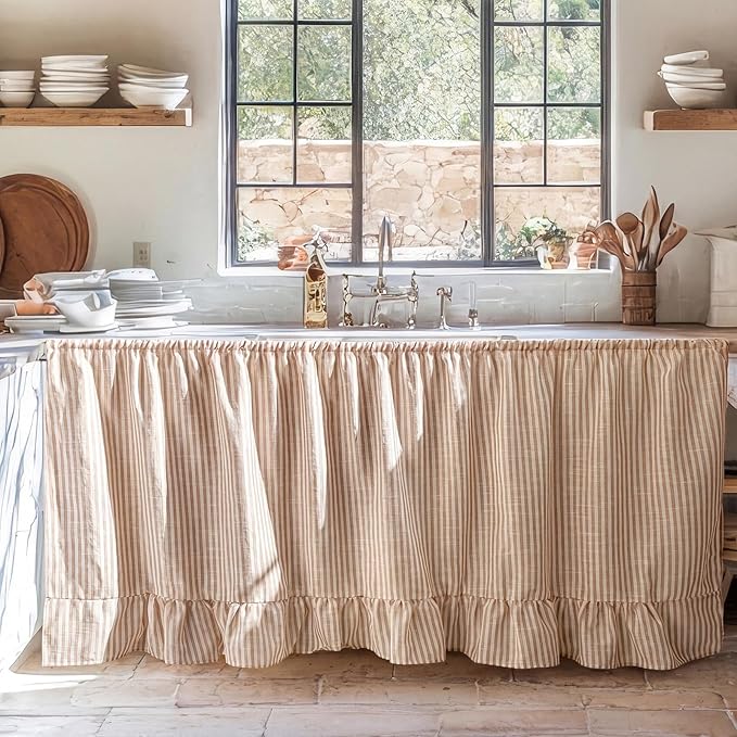 VitalCozy Cabinet Curtain 28" W x 51" L Sink Skirt for Bathroom Kitchen Brown Stripes Ruffles Short Curtain for Home Classroom Farmhouse Rustic Drape Under Desk Privacy Drape for Laundry Room