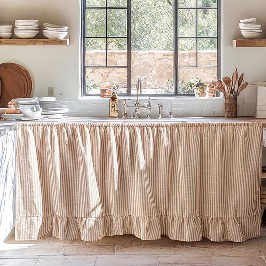 VitalCozy Cabinet Curtain 28" W x 51" L Sink Skirt for Bathroom Kitchen Brown Stripes Ruffles Short Curtain for Home Classroom Farmhouse Rustic Drape Under Desk Privacy Drape for Laundry Room
