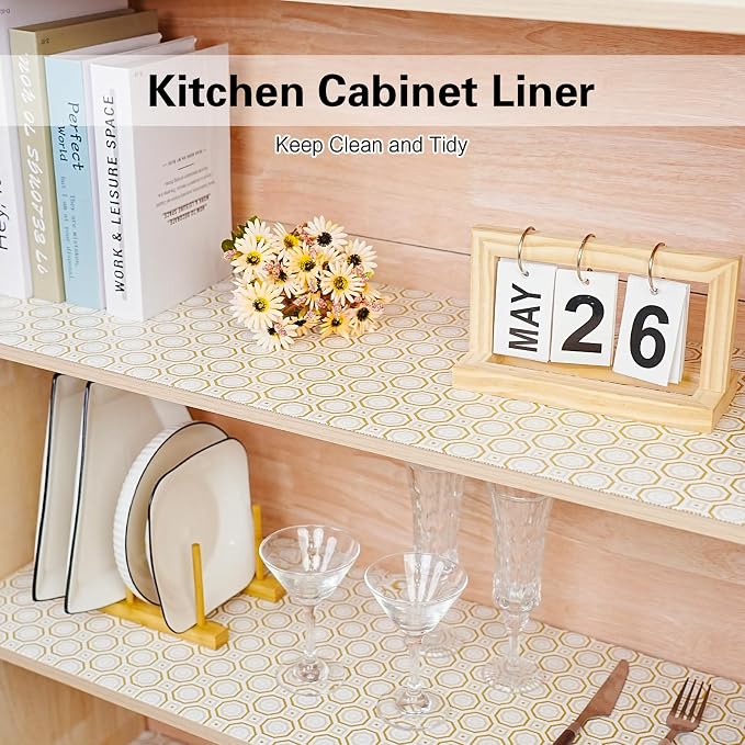 Drawer and Shelf Liner for Kitchen Cabinet,Non-Adhesive Cabinet Liner 12in x 10FT,Waterproof Shelf Paper Non-Slip Mats Cupboard Liners Contact Protect Dresser/Shelves/Table-Gold Octagonal