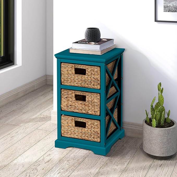 eHemco Hampton Meadows 3 Tier X-Side End Storage Cabinet with 3 Wicker Baskets, Teal