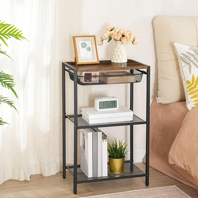 HOOBRO 28.7 Inch Tall Side Table, 3-Tier Industrial Telephone End Table with Adjustable Metal Mesh Basket, Desk Side Table with Storage Shelves, for Living Room, Bedroom, Rustic Brown BF06DH01