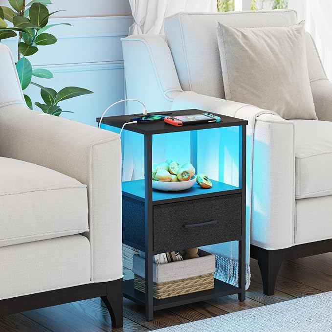 TUTOTAK LED Nightstand Set of 2, Night Stand with Charging Station, End Table, Bedside Table with Fabric Drawer, Side Table for Livingroom and Bedroom, Black TB01BK0692L