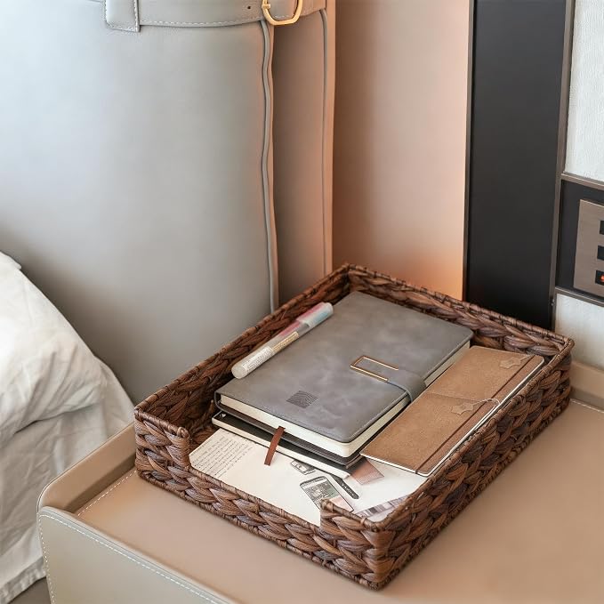 Set of 2 Water Hyacinth Letter Tray for A4 File Desk Mail Letter-Size Paper, Basket Woven Organizer, Magazine Files Storage, Office Document Organizer and Storage, Coffee