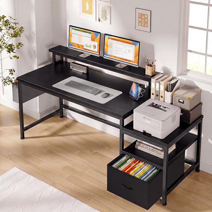 EnHomee 56.5" Black Computer Desk with File Drawers and Printer Space,Office Desk with Power Outlets and Monitor Stand,Gaming Desk,Study Desk, Writing Desk, Bedroom Desk