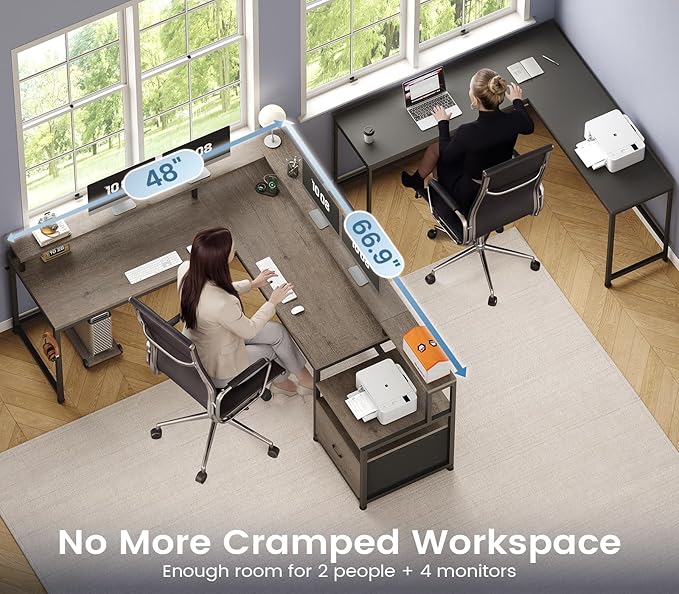 SEDETA 66" L Shaped Desk with Power Outlet, Reversible Home Office Computer Desk with File Drawer & Monitor Shelf, Storage Shelves, LED Lights for Corner Small Spaces, Walnut