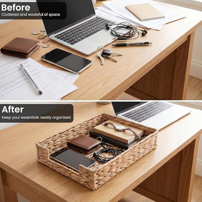 Set of 2 Letter Tray Water Hyacinth,Desk Organizer for Office Supplies | Desk Tray Organizer for A4 Paper, Magazine, Jewelry Cosmetics, Paper Holder Storage Basket for Office, School, and Workspace