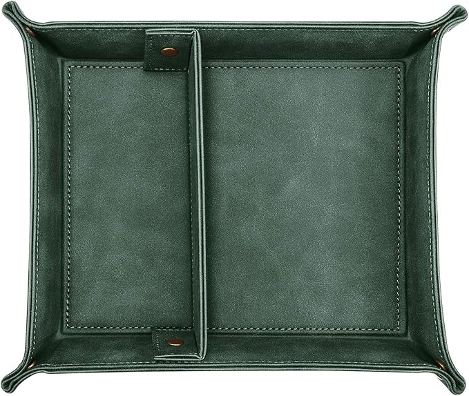 SITHON Valet Tray Desktop Storage Organizer, Removable 2 Compartments Catchall Tray Bedside Vanity Nightstand Caddy Holder Desk Storage Plate, Dark Green